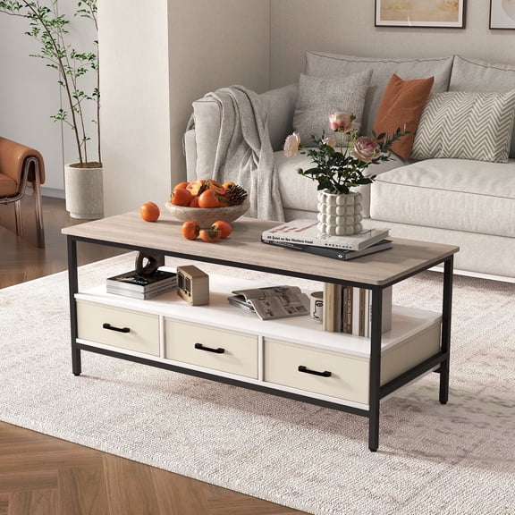 JOIVI 2-Tier Coffee Table with Storage Shelf and 3 Drawers, 46.3" Rectangular Center Table Wood Top for Living Room