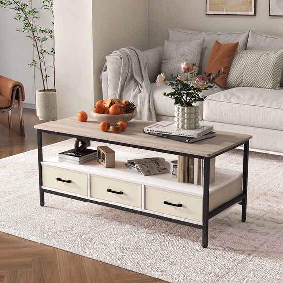 JOIVI 2-Tier Coffee Table with Storage Shelf and 3 Drawers, 46.3" Rectangular Center Table Wood Top for Living Room