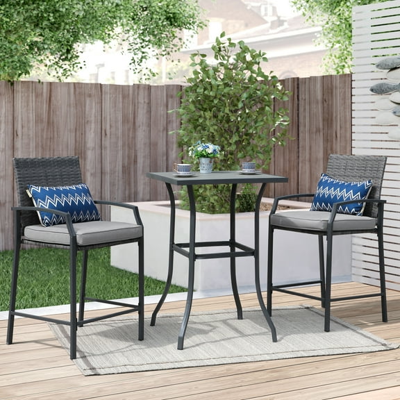 JOIVI 3-Piece Patio Bar Set, Outdoor Wicker Bistro Set, All-weather Rattan Bar Stools with Cushions and Wood Top Table, Bar Height Patio Furniture, Bistro Table and Chairs, Gray