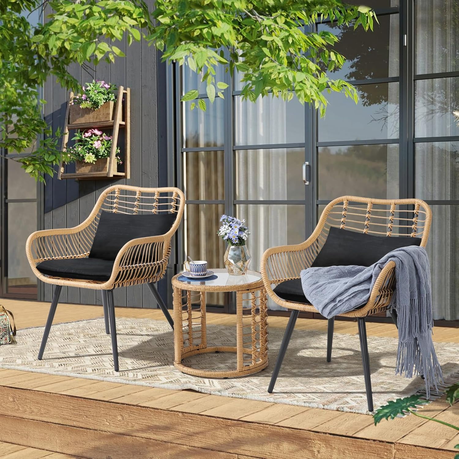 JOIVI 3 Piece Patio Bistro Set, Wicker Outdoor Patio Set with Enhanced ...