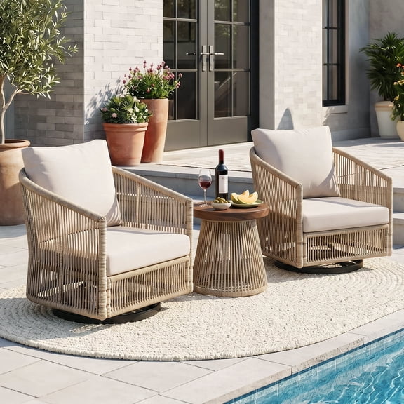 JOIVI 3-Piece Patio Furniture Set, Outdoor Bistro Sets with Wood Top Coffee Table, Outdoor Wicker Swivel Chairs for Backyard, Deck, Balcony
