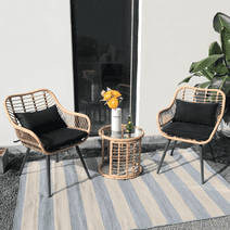 JOIVI 3-Piece Patio Set, Outdoor Wicker Bistro Sets, Patio Rattan Conversation Set for Porch, Backyard with Round Glass Top Coffee Table