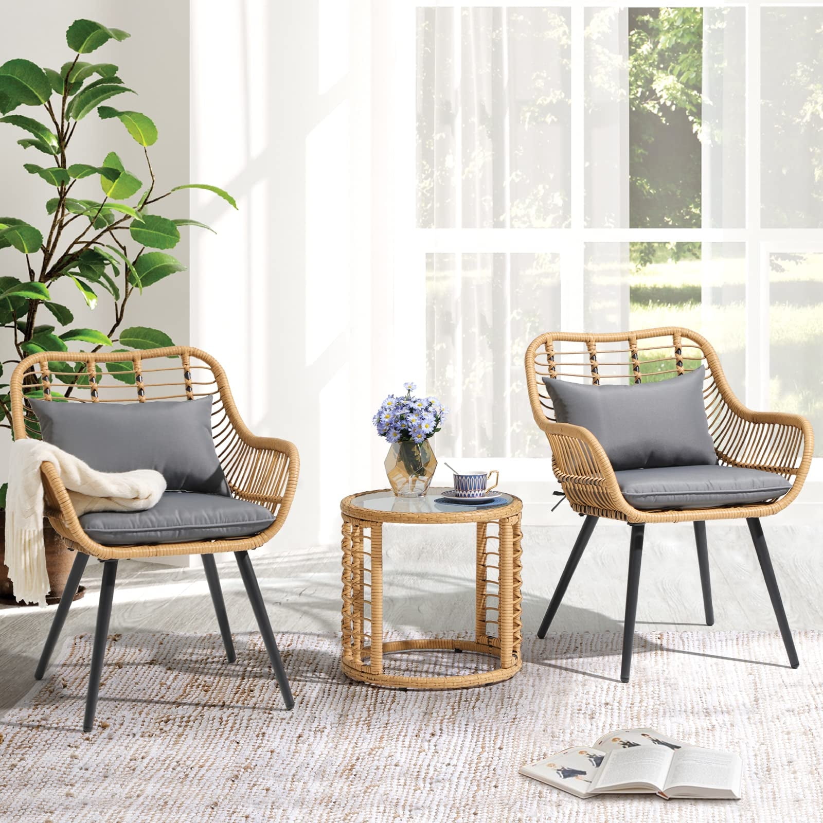 JOIVI 3 Piece Patio Set Outdoor Wicker Conversation Bistro Sets for Porch Backyard with Round Glass Top Coffee Table White Cushions and Lumbar Pillows Walmart Business Supplies