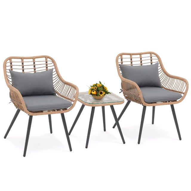 JOIVI 3-Piece Outdoor Wicker Patio Set with Glass Top Table and Gray ...