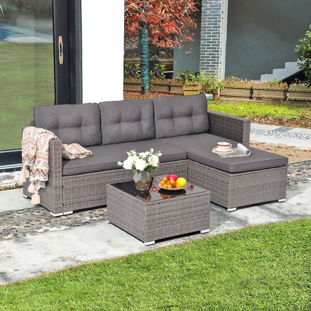 JOIVI 3 Pieces Patio Conversation Set PE Wicker Rattan Outdoor Furniture Set 2 Ways Small Sectional Sofa with Cushions Tempered Glass Coffee Table