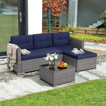 JOIVI 3 Pieces Patio Conversation Set, PE Wicker Rattan Outdoor Furniture Set, 2 Ways Small Sectional Sofa with Cushions, Tempered Glass Coffee Table, Navy Blue