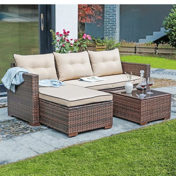 JOIVI 3 Pieces Patio Conversation Set, PE Wicker Rattan Outdoor Furniture Set, 2 Ways Small Sectional Sofa with Cushions, Tempered Glass Coffee Table, Beige