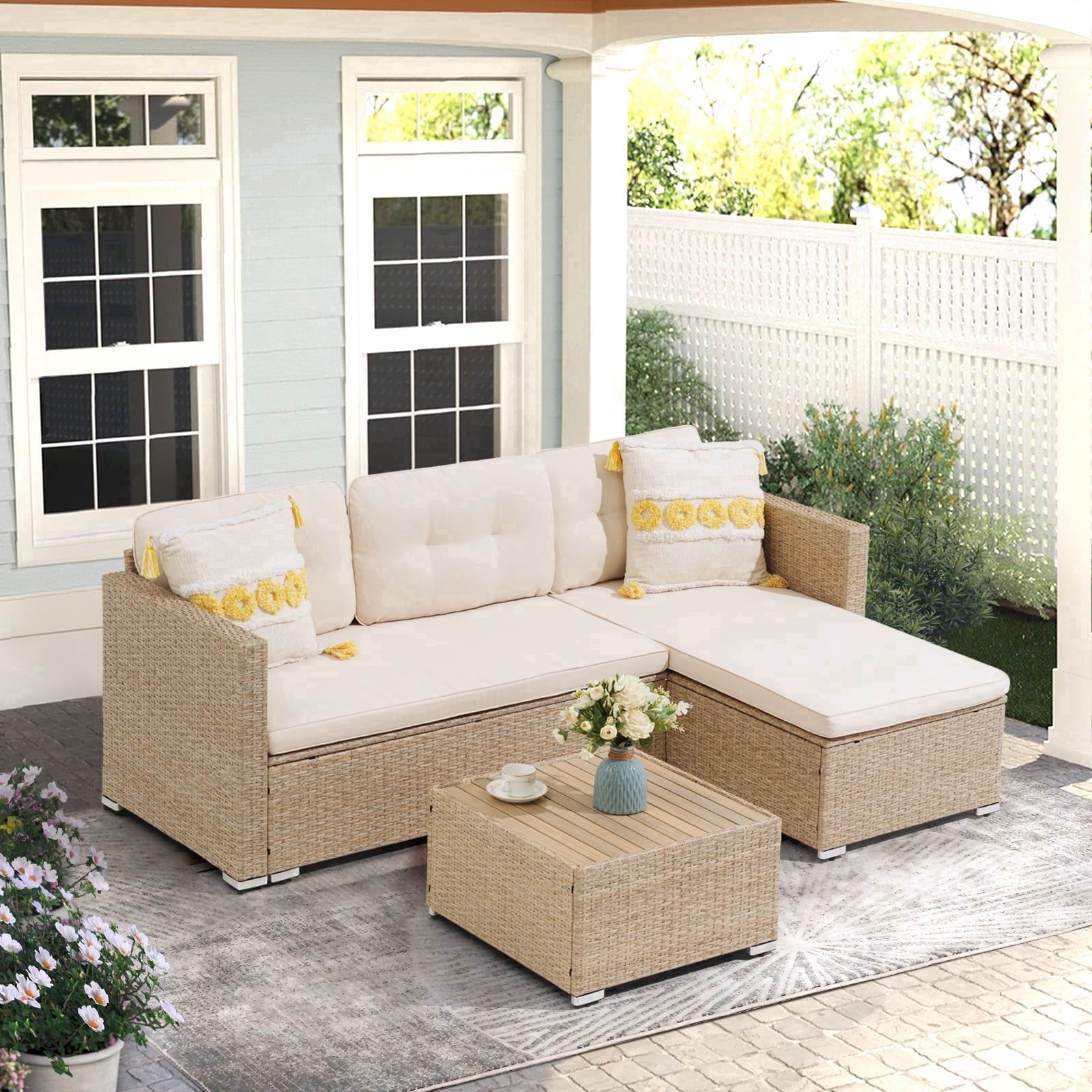 JOIVI 3 Pieces Patio Conversation Set, PE Wicker Rattan Outdoor Furniture Set, 2 Ways Small Sectional Sofa with Cushions, Tempered Glass Coffee Table, Creamy White