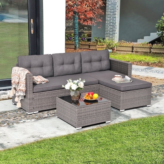 JOIVI 3 Pieces Patio Conversation Set, PE Wicker Rattan Outdoor Furniture Set, 2 Ways Small Sectional Sofa with Cushions, Tempered Glass Coffee Table, Dark Gray