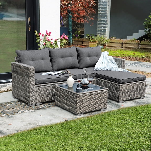 JOIVI 3 Pieces Patio Conversation Set, PE Wicker Rattan Outdoor Furniture Set, 2 Ways Small Sectional Sofa, Tempered Glass Coffee Table, Gray