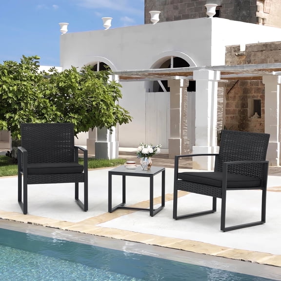 JOIVI 3 Pieces Wicker Patio Bistro Set, Outdoor Rattan Furniture Conversation Set with Tempered Glass Top Table for Porch, Balcony, Deck, Backyard, Black