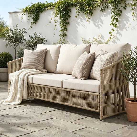 JOIVI 3-Seat Outdoor Patio Sofa, Handwoven Resin Wicker Outdoor Couch with Weather‑Resistant Washable Cushions, Powder‑Coated Steel Frame for Backyard, Garden