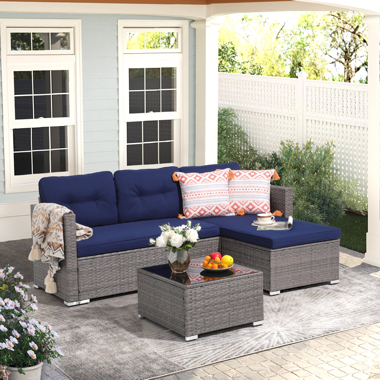 JOIVI Loveseat 3 Piece Patio Set Navy Blue Wicker Sofa with Tempered Glass Coffee Table and Cushions Walmart