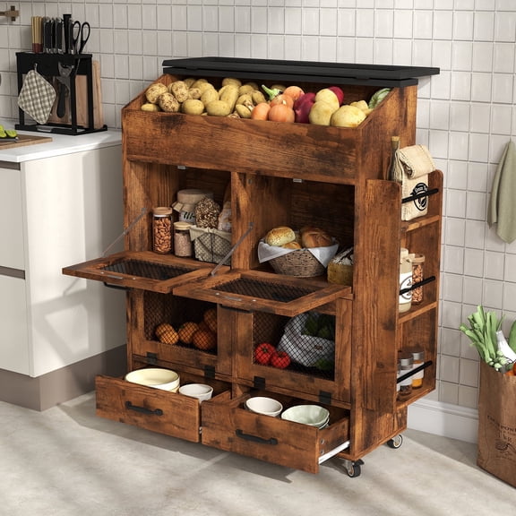JOIVI 35.1" Potato and Onion Storage Bin on Wheels, 4-Tier Rolling Fruit and Vegetable Organizer with Side Rack & 2 Drawers, Movable Bread Box Cabinet with Mesh Doors for Kitchen, Rustic Brown