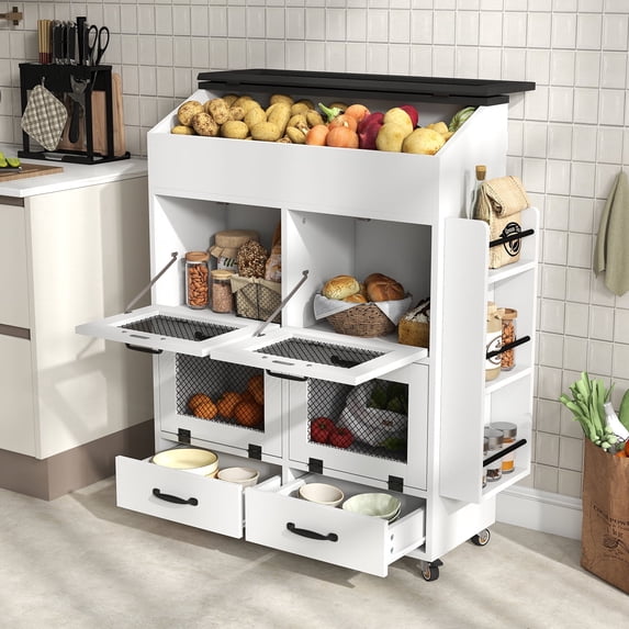 JOIVI 35.1" Potato and Onion Storage Bin on Wheels, 4-Tier Rolling Fruit and Vegetable Organizer with Side Rack & 2 Drawers, Movable Bread Box Cabinet with Mesh Doors for Kitchen, White