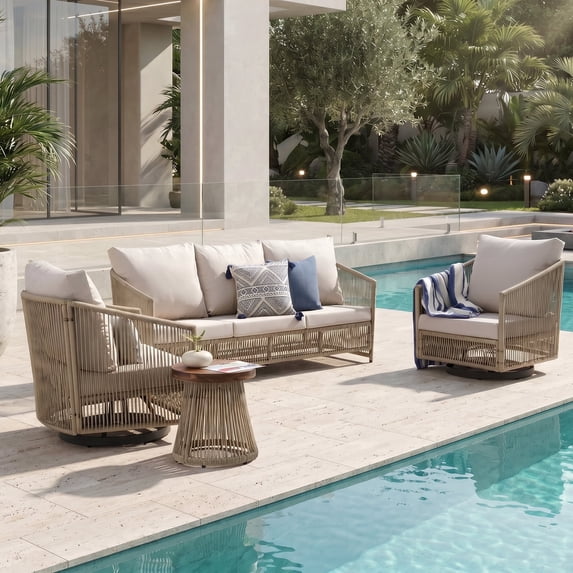 JOIVI 4-Piece Wicker Patio Set, Outdoor Wicker Patio Furniture Set with Swivel Chairs, Patio Wicker 3-Seater Couch Set with Side Coffee Table