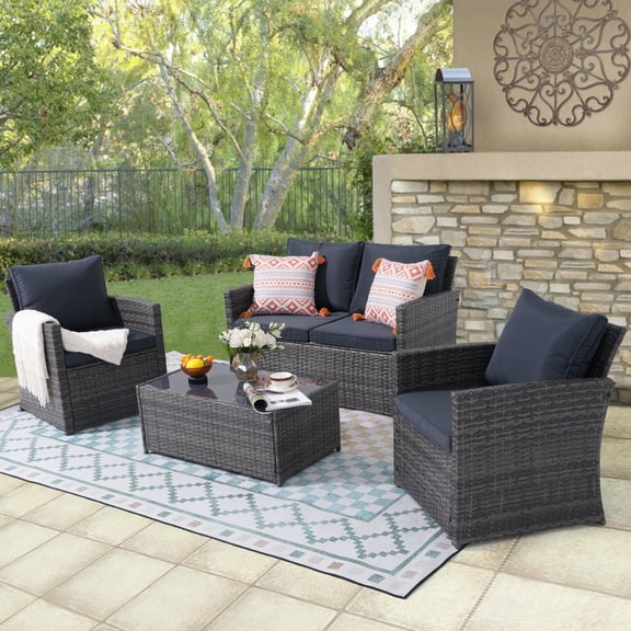JOIVI 4 Pieces Outdoor Sectional PE Rattan Conversation Sofa Set with Gray Wicker, Dark Gray Cushion