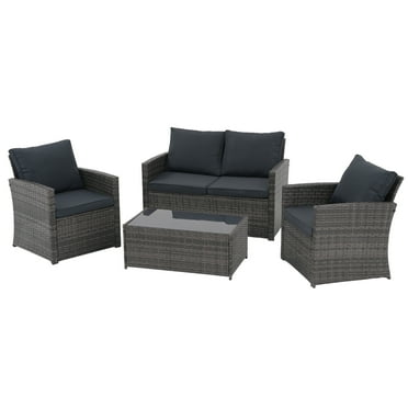 JOIVI 4 Pieces Outdoor Sectional PE Rattan Conversation Sofa Set with Gray Wicker, Dark Gray Cushion