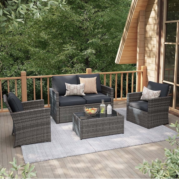 JOIVI 4 Pieces Outdoor Sectional PE Rattan Conversation Sofa Set with Gray Wicker, Dark Gray Cushion