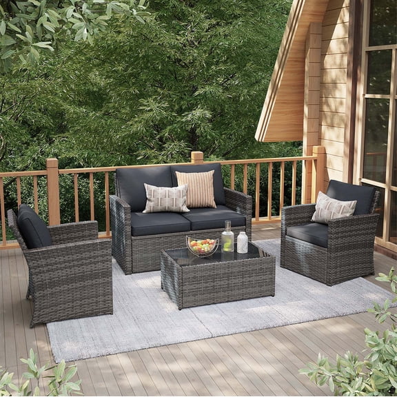 JOIVI 4 Pieces Outdoor Sectional PE Rattan Conversation Sofa Set with Gray Wicker, Dark Gray Cushion