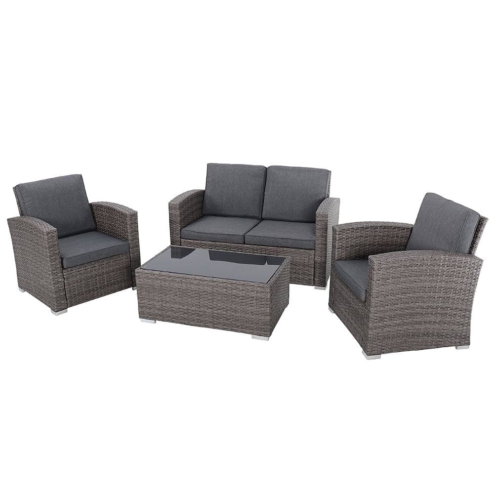 JOIVI Patio Furniture Set: 4 Pieces Outdoor PE Rattan Corner Loveseat, Gray Wicker with Dark Gray Cushion