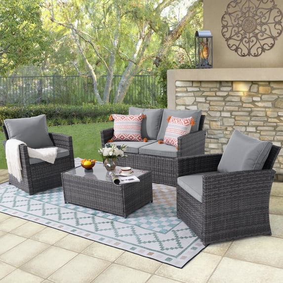 JOIVI 4 Pieces Outdoor Sectional PE Rattan Conversation Sofa Set with Gray Wicker, Light Gray Cushion