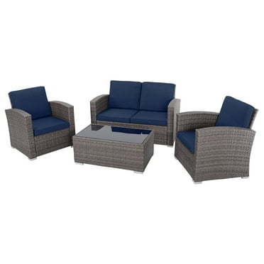 JOIVI 4 Pieces PE Rattan Sectional Outdoor Conversation Sofa Set with Gray Wicker, Navy Blue Cushion