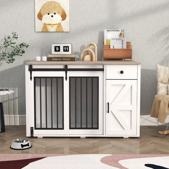 JOIVI 44" Dog Crate Furniture with Sliding Barn Door, Wooden Dog Kennel with Drawer and Storage Cabinet, White