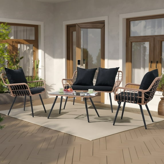 JOIVI 4 Pieces Rattan Patio Furniture Set, 4-person Outdoor Conversation Chair Set with Coffee Table, Wicker Patio Conversation Set with Cushion and Pillow, Black