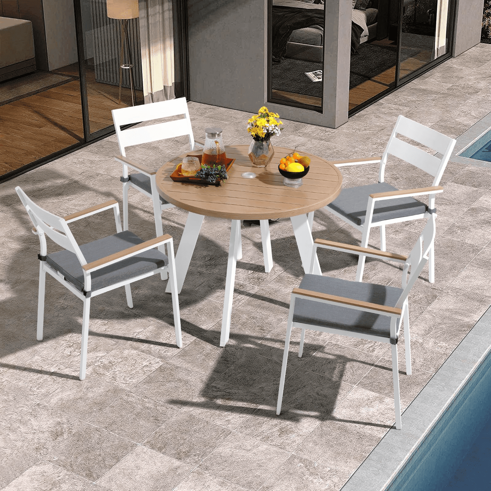 JOIVI 5 Piece Outdoor Dining Set, Aluminum Patio Dining Table and Stackable Chairs Set for 4 People, Wood Grain Tabletop with 2.05” Umbrella Hole, for JOIVI 5 Piece Outdoor Dining Set, Aluminum Patio Dining Table and Stackable Chairs Set for 4 People, Wood Grain Tabletop with 2.05” Umbrella Hole, for