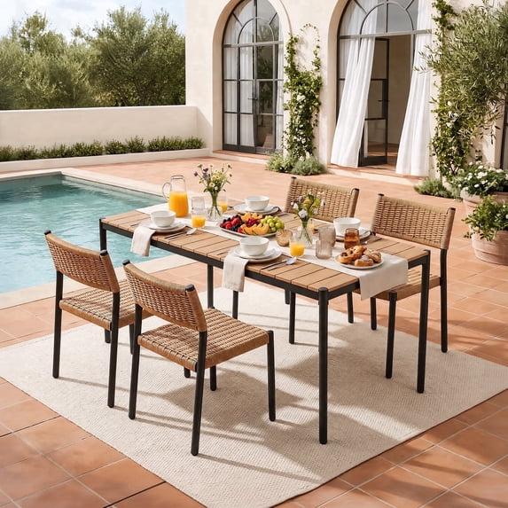 JOIVI 5 Piece Outdoor Dining Set, Stackable Rattan Chairs and 70" Metal Dining Table with WPC Tabletop, Outdoor Patio Furniture Set for 4 with All-Weather Chairs for Deck, Garden, Porch