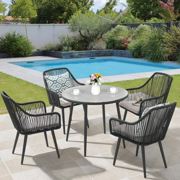 JOIVI 5-Piece Outdoor Dining Set, Wicker Patio Dining Set, Black Rattan Patio Furniture Table and Chairs Set for 4 People, with Umbrella Hole for Lawn, Backyard, Garden
