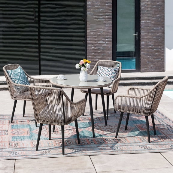 JOIVI 5-Piece Outdoor Dining Set, Wicker Patio Dining Set, Rattan Patio Furniture Table and Chairs Set for 4 People, with Umbrella Hole for Lawn, Backyard, Garden, Tan