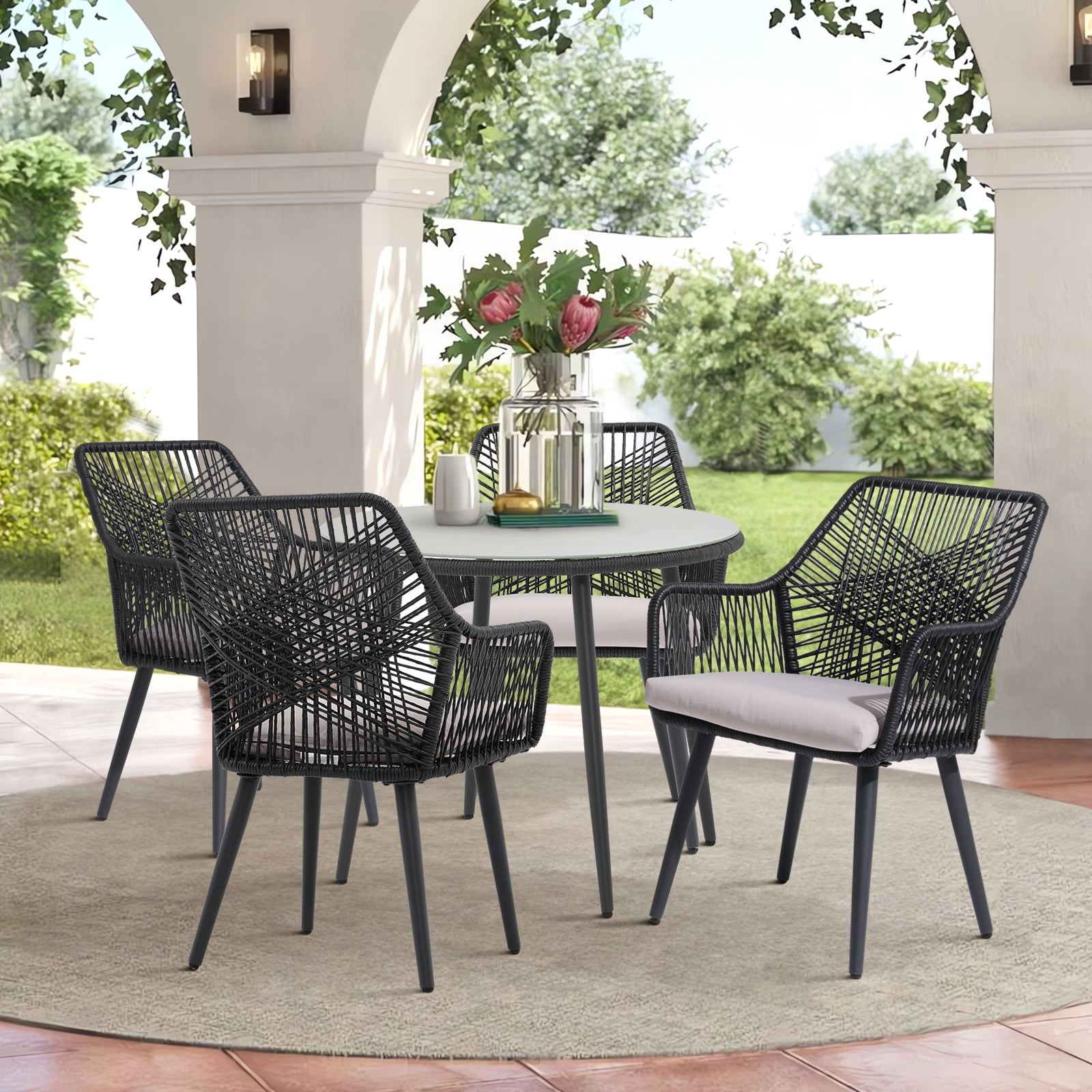 JOIVI 5-Piece Outdoor Patio Dining Set with Rattan Dining Chairs for 4-Person & Tempered Glass Table, 2.16” Umbrella Hole, Black