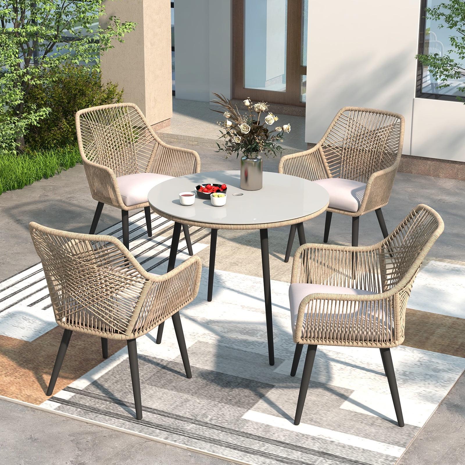JOIVI 5-Piece Outdoor Patio Dining Set with Rattan Dining Chairs for 4-Person & Tempered Glass Table, 2.16” Umbrella Hole, Tan