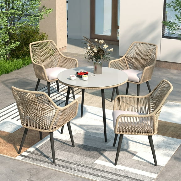 JOIVI 5-Piece Outdoor Patio Dining Set with Rattan Dining Chairs for 4-Person & Tempered Glass Table, 2.16” Umbrella Hole, Tan
