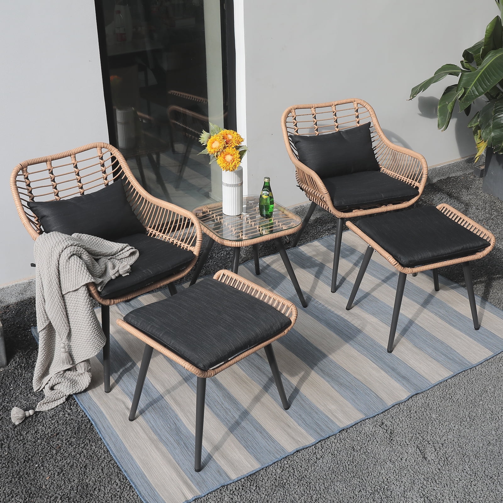 JOIVI 5 Piece Outdoor Patio Furniture Set PE Rattan Wicker Small Set Porch Cushioned Patio Chairs Walmart