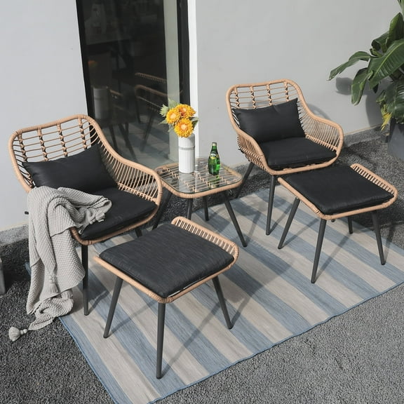 JOIVI 5-Piece Outdoor Patio Furniture Set, PE Rattan Wicker Small Set Porch, Cushioned Patio Chairs, Black