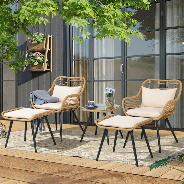 JOIVI 5 Piece Outdoor Patio Furniture Set PE Rattan Wicker Small Patio Set Porch Furniture Cushioned Patio Chairs with Ottomans and Square Side
