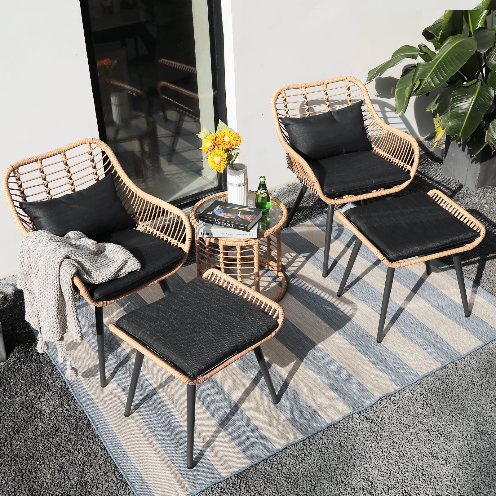 JOIVI 5Piece Outdoor Wicker Furniture Set, Rattan Bistro All Weather