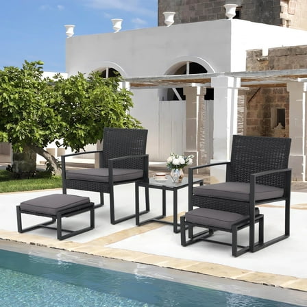 JOIVI 5 Piece Patio Bistro Set, Wicker Patio Furniture Set, Outdoor Conversation Set with Ottomans, Patio Chairs and Side Table Set with Foot Stool, Gray