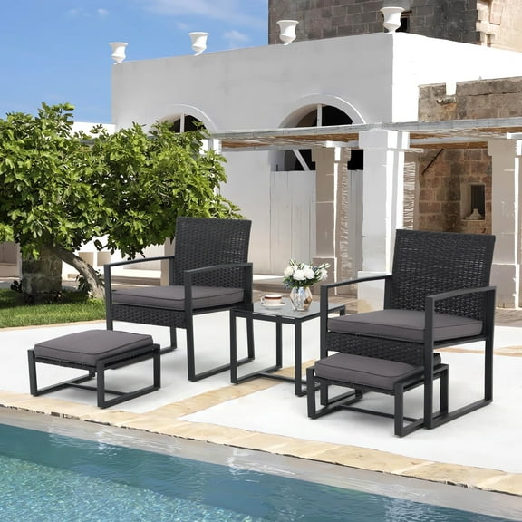 JOIVI 5 Piece Patio Bistro Set, Wicker Patio Furniture Set, Outdoor Conversation Set with Ottomans, Patio Chairs and Side Table Set with Foot Stool, Gray