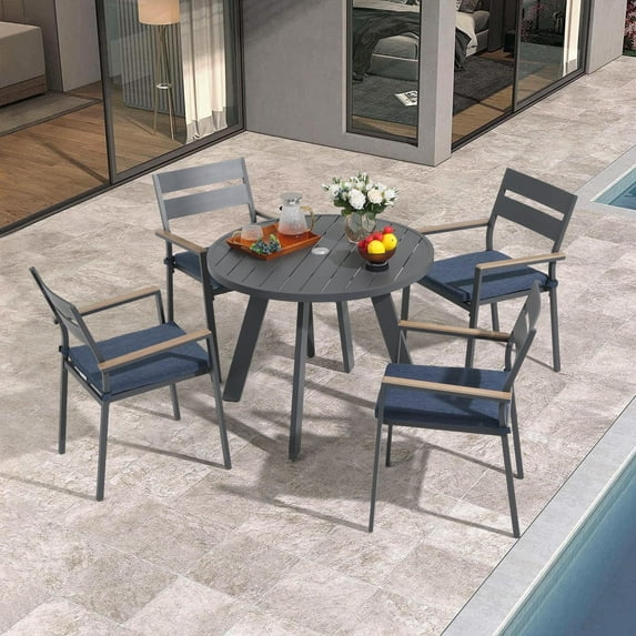 JOIVI 5-Piece Patio Dining Set, Aluminum Outdoor Dining Chairs and Table Set for 4 People, Wood Grain Tabletop with 2.05” Umbrella Hole, Stackable Chairs Set with Navy Blue Cushions