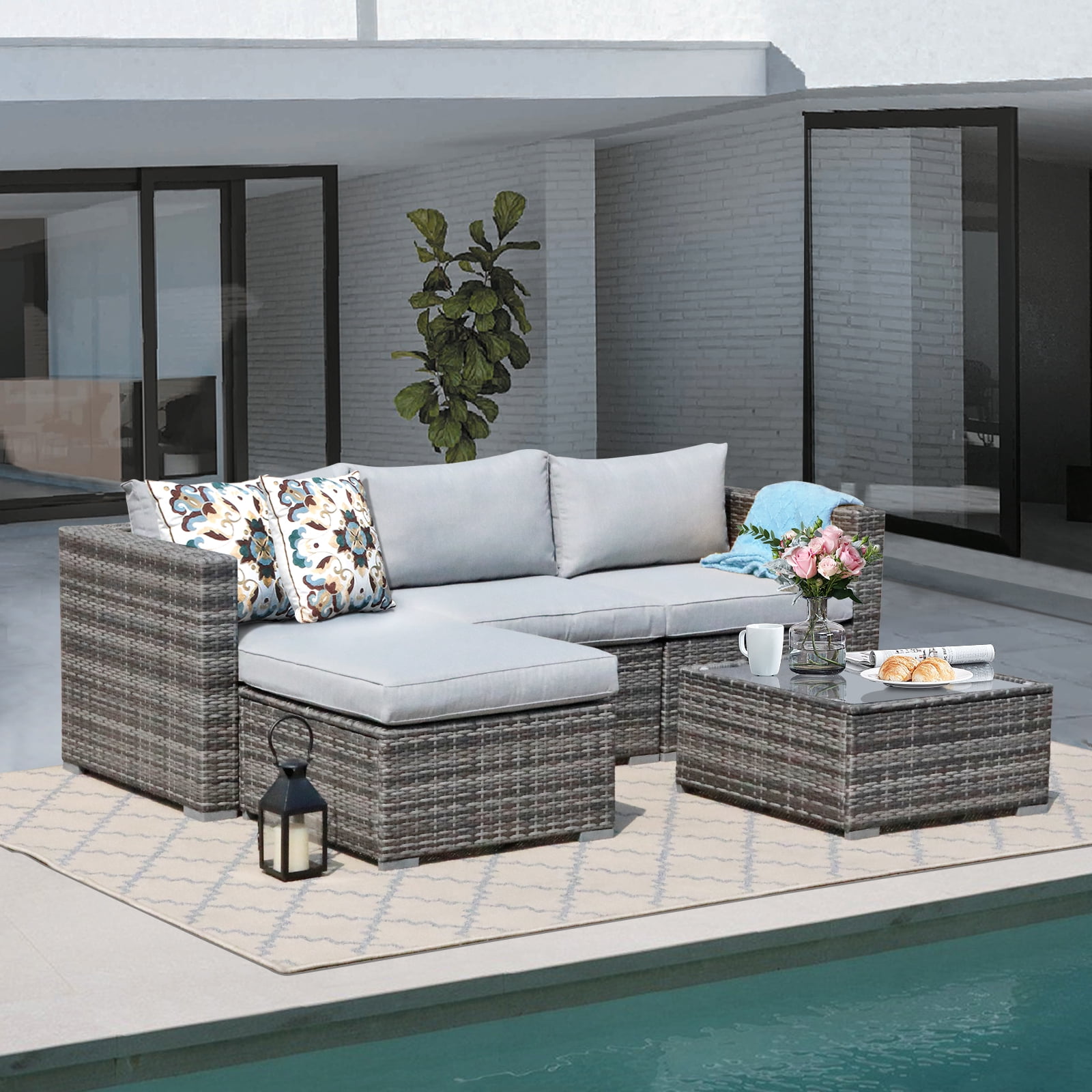 JOIVI 5 Pieces Outdoor Patio Furniture Set, All Weather PE Gray Wicker ...