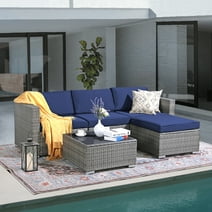 JOIVI 5 Pieces Outdoor Patio Furniture Set, All Weather PE Gray Wicker Rattan Sectional Furniture Set with Coffee Table, Navy Blue