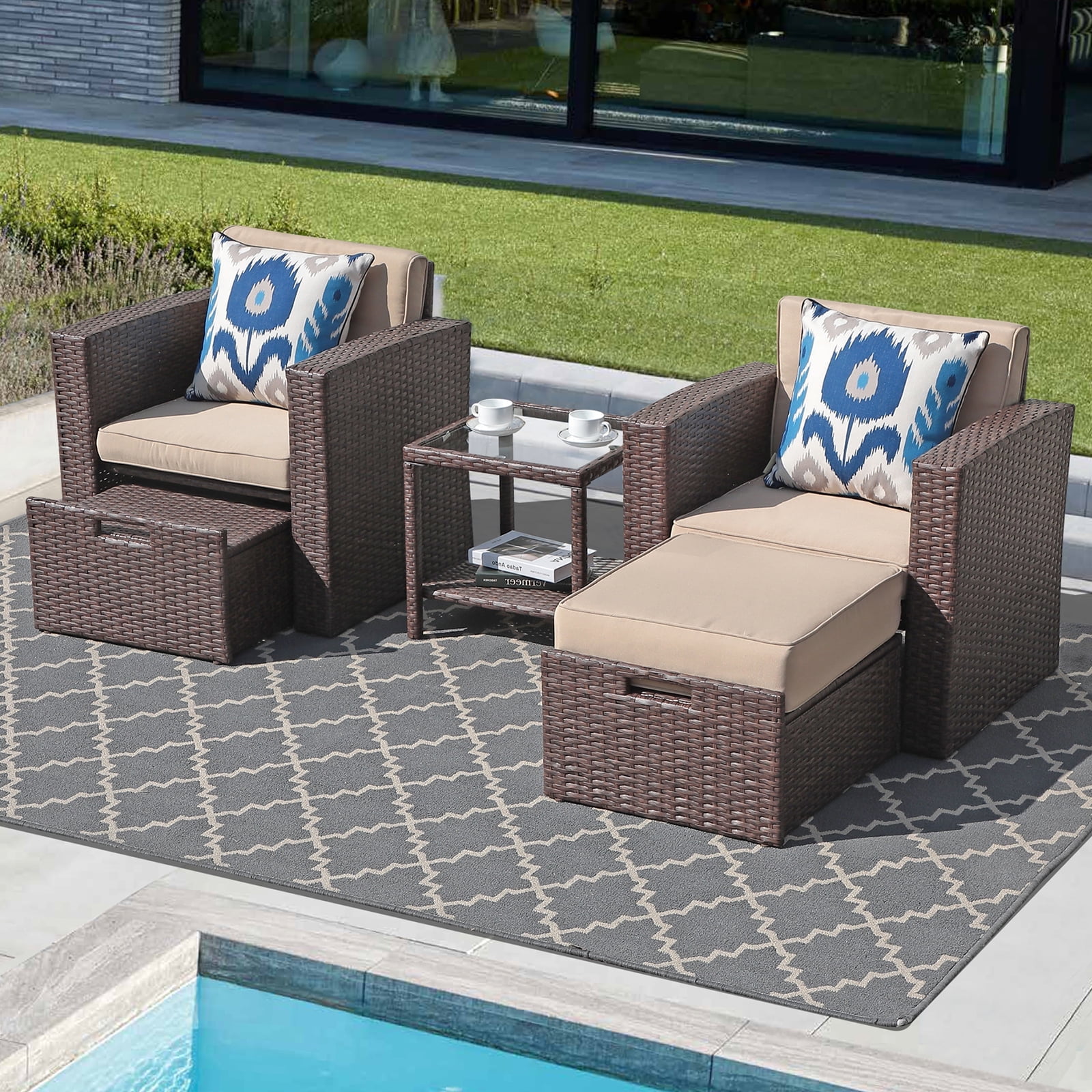 JOIVI 5 Pieces Patio Furniture Set, Outdoor Brown PE Rattan Wicker Patio Conversation Set, Lounge Chairs with Cushioned Ottoman and Tempered Glass Side Table - image 1 of 9