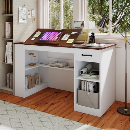 JOIVI 55.1" Drafting Table with Storage Cabinet & Drawers, Adjustable Craft Table with Power Outlet & Tiltable Tabletop, Art Desk for Artists, Painters, Drawing, Crafting, White