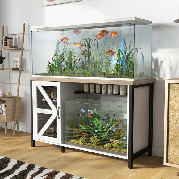 JOIVI 55-75 Gallon Aquarium Stand with Power Outlets & LED Light, Heavy Duty Metal Fish Tank Stand with Storage Cabinet, 1100lbs Capacity, White