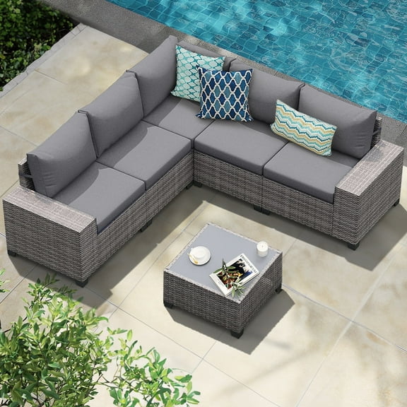 JOIVI 6-Piece Patio Furniture Set, Rattan Outdoor Conversation Set with Coffee Table, Wicker Sectional Sofa Set with Wide Armrest for Yard, Background, Gray