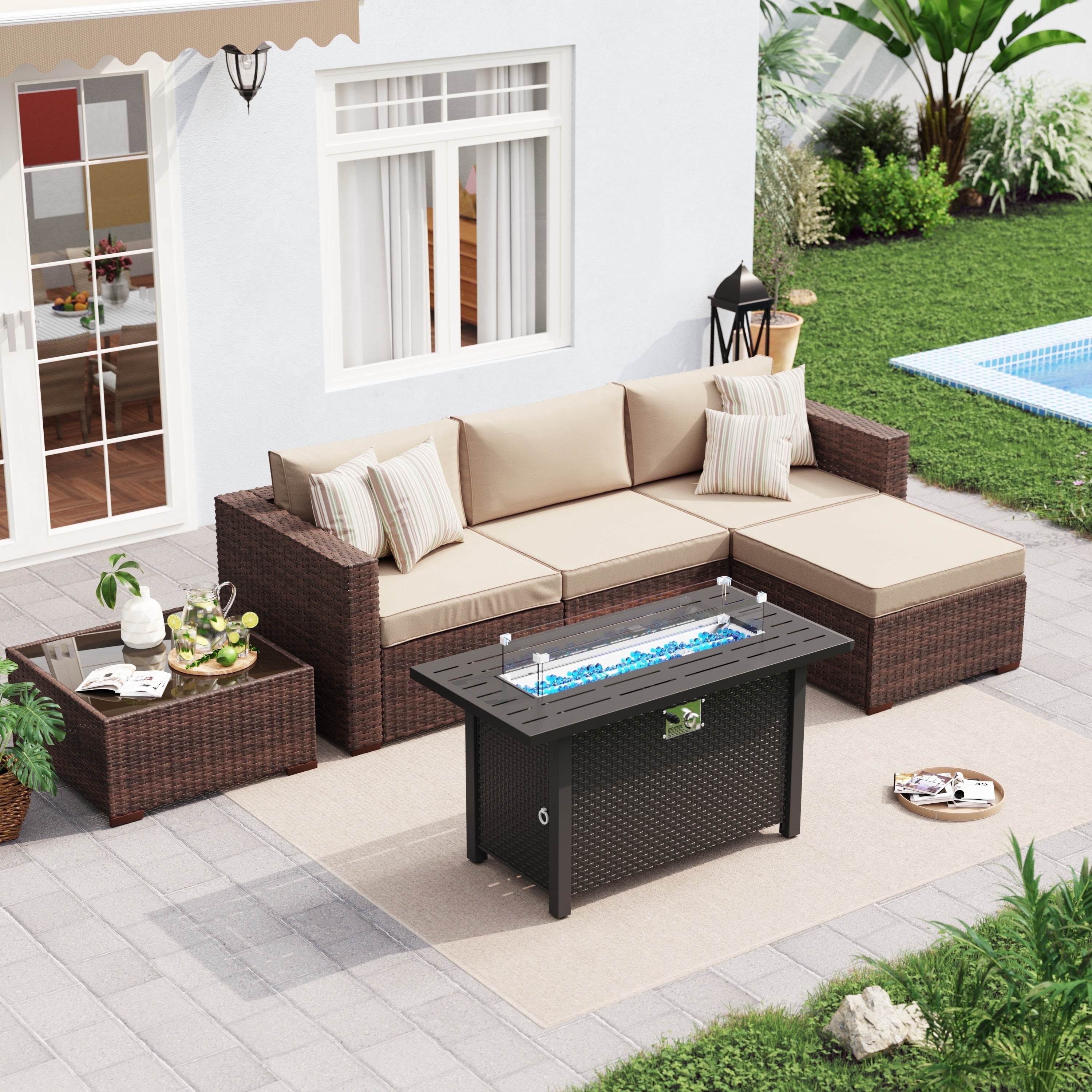 JOIVI 6 Pieces Patio Furniture Set with 45” Gas Fire Pit Table, Wicker Outdoor Rattan Sectional Sofa Furniture Conversation Set with 50,000 BTU Patio Propane Fire Pit and Coffee Table, Brown